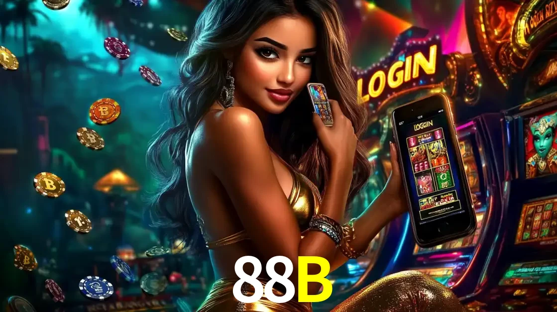 Mulher em um cenário de cassino temático de aventura, mostrando o app de caça-níqueis da 88B no celular. Fichas de apostas flutuam ao redor.