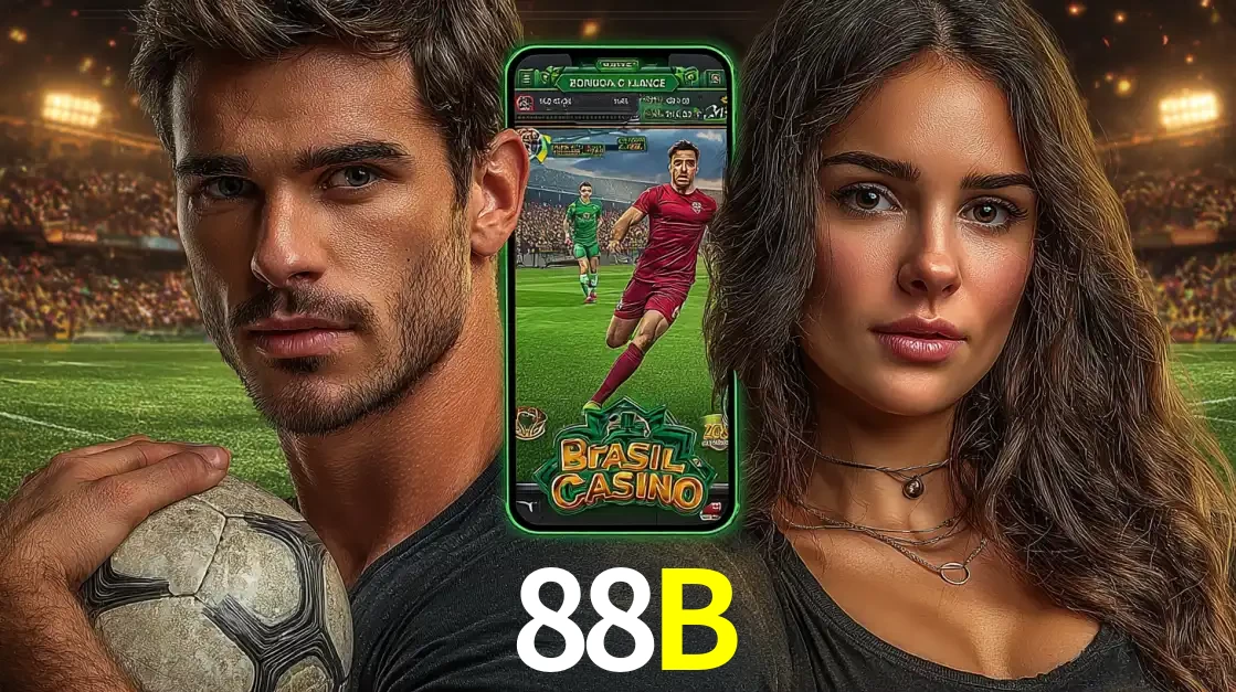 Homem segurando uma bola de futebol e uma mulher ao lado de um smartphone exibindo o jogo de apostas esportivas da 88B. Faça seu palpite no cassino online.